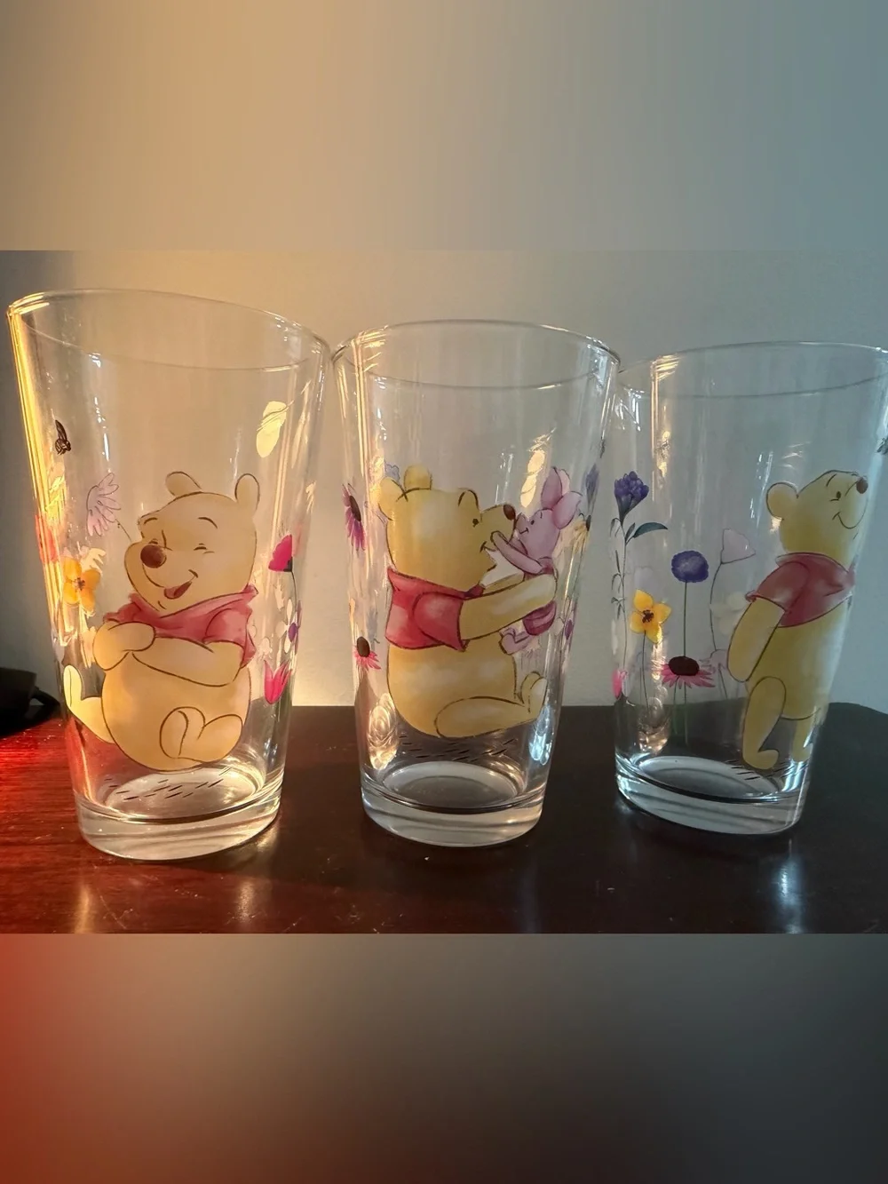 Disney Winnie the Pooh Piglet Floral Drinking Glasses Tumblers Set of 3